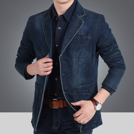 Herren nan Jeansblazer mit Used-Effekt, schmaler Schnitt, Brustleistentasche und aufgesetzten Taschen EB