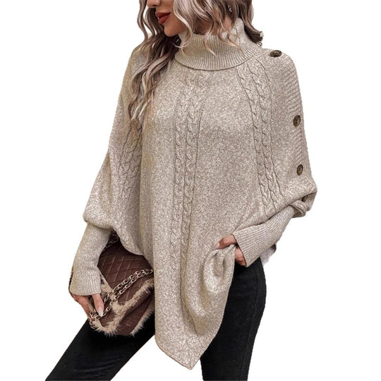 Damen Oversized Strickpullover mit Rollkragen und Knopfdetails EB