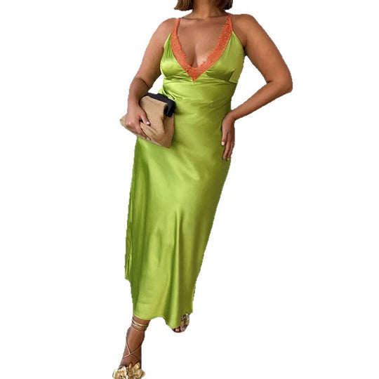 Damen Elegantes Satin-Maxikleid mit transparenter Spitze EB