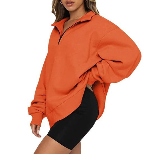 Damen modischer Oversized Pullover mit kurzem Reißverschluss und lässigen Ärmeln EB