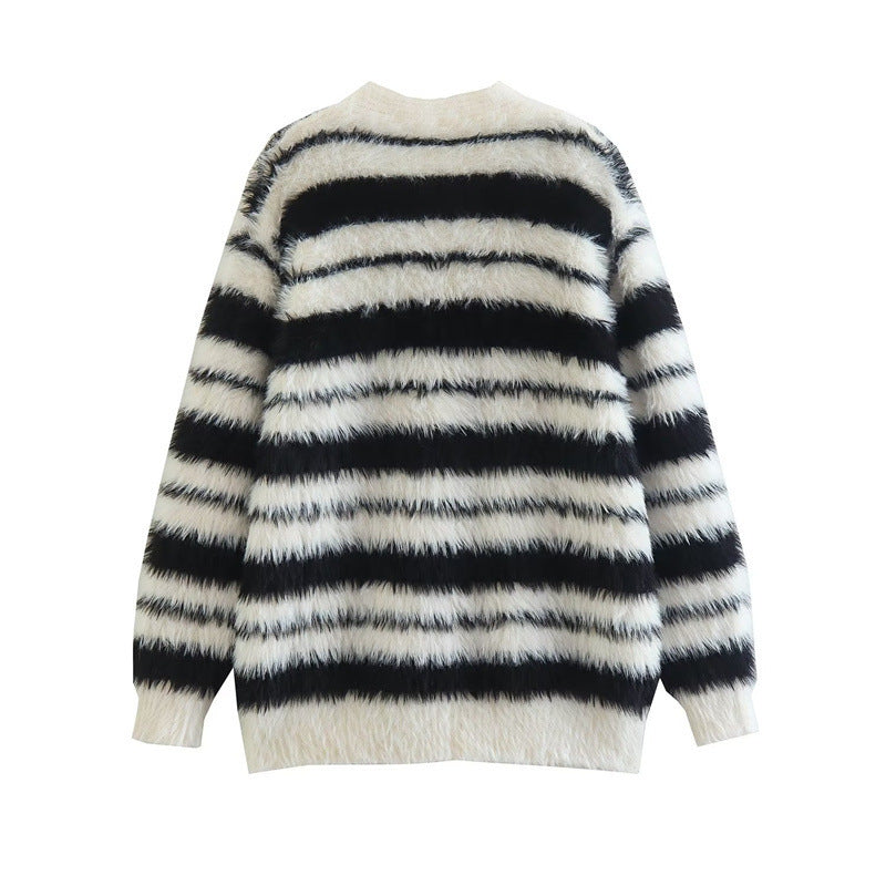 Damen Gemütlicher Strickcardigan mit modernem Streifenmuster und weichem Material EB