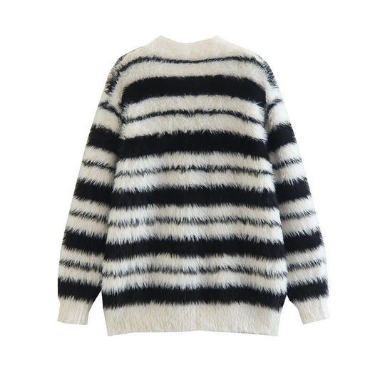 Damen Gemütlicher Strickcardigan mit modernem Streifenmuster und weichem Material EB