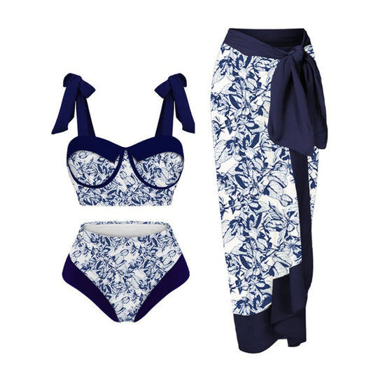 Damen Einteiler Badeanzug mit elegantem Wickelrock und modischen Riemen EB