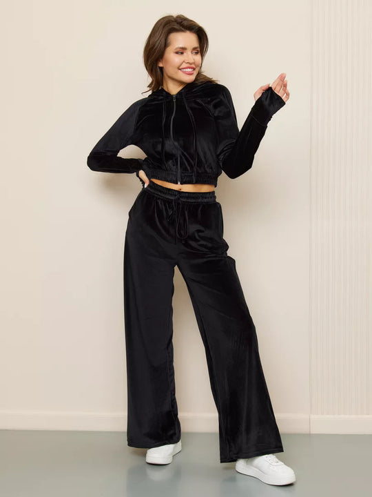 Damen luxuriöses Velours-Lounge-Set mit kurzem Reißverschluss-Hoodie und weitem Comfort-Hose EB