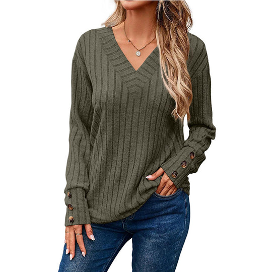 Damen V-Ausschnitt Pullover mit dekorativem Streifenmuster und Knopfdetails EB