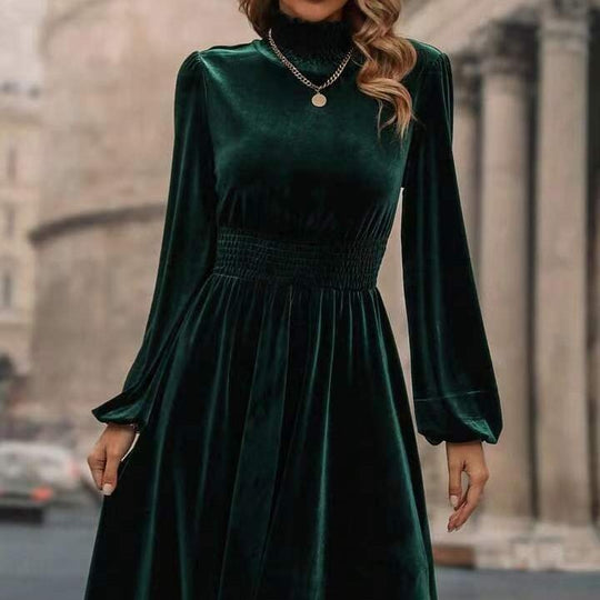 Damen Samtkleid mit hochgeschlossenem Design und eleganten langen Ärmeln EB
