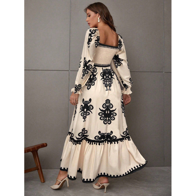 Damen Maxikleid mit Puffärmeln und elegantem Stickmuster EB