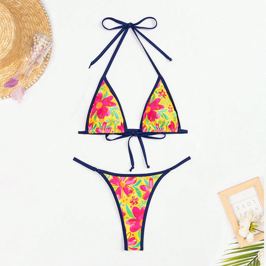 Damen Triangel-Bikini mit buntem floralem Design und verstellbaren Bindebändern EB