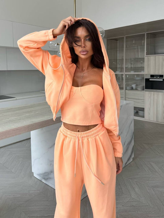 Damen Sculpting-Corsagen-Crop mit Kapuzen-Zipjacke und weiter High-Waist-Jogginghose EB