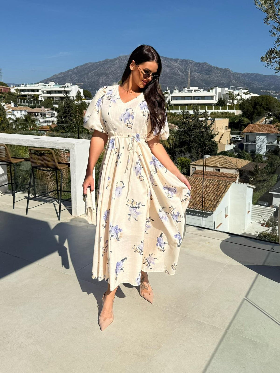 Damen Blusenkleid mit gestuften Volantärmeln und Bindegürtel EB