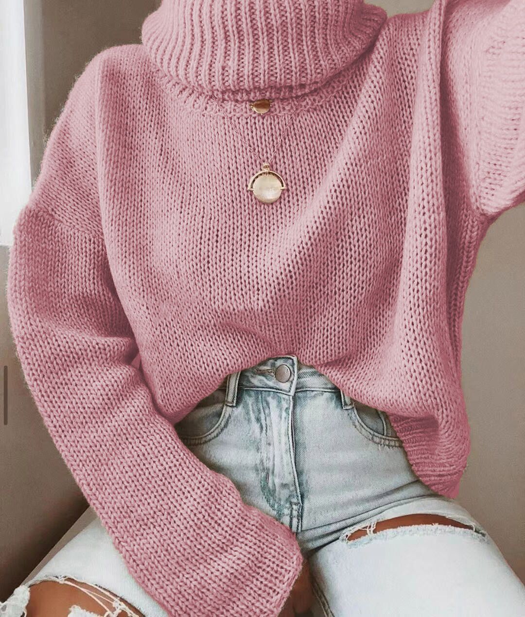 Damen Strickpullover mit hohem Kragen und lässigem Schnitt EB
