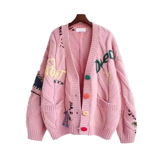 Damen Strickjacke mit buntem Motiv und praktischen Taschen EB