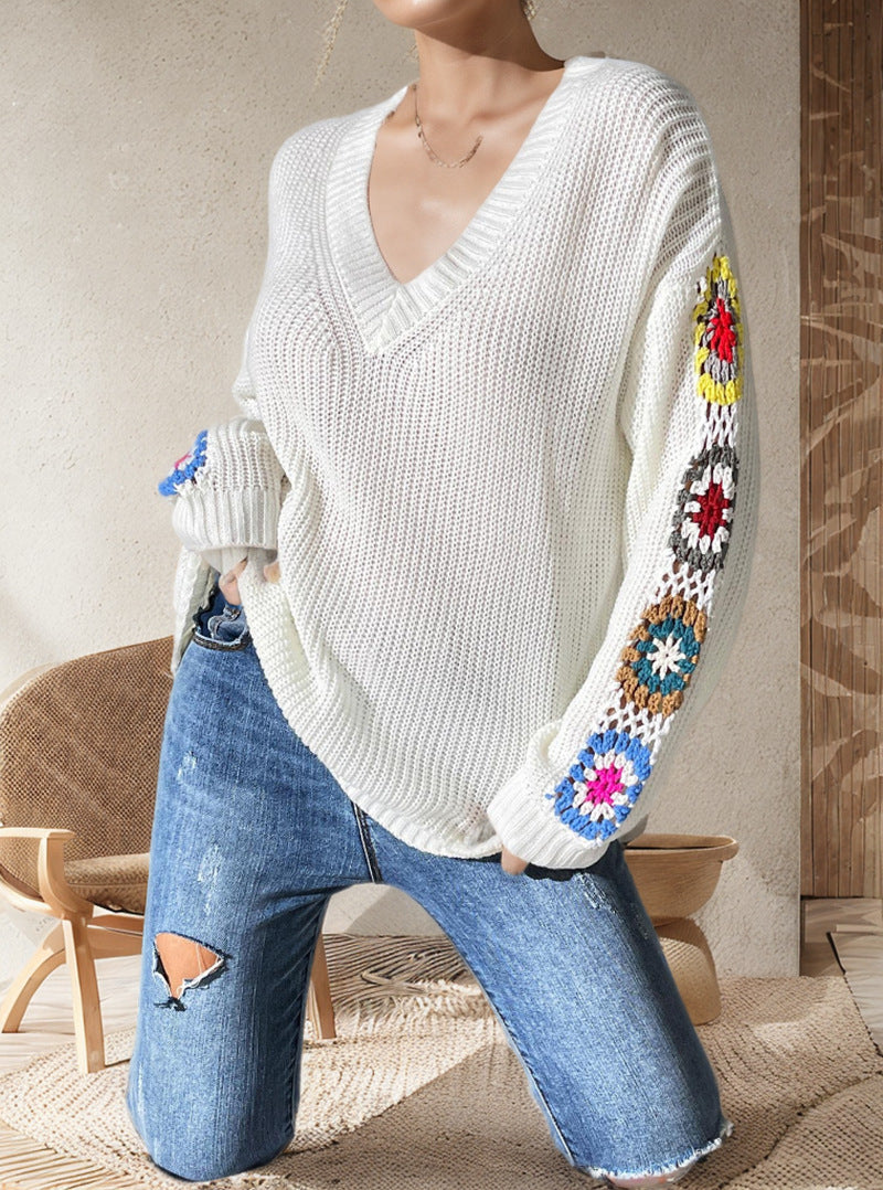 Damen Strickpullover mit verspielten Häkelakzenten und weitem Schnitt EB
