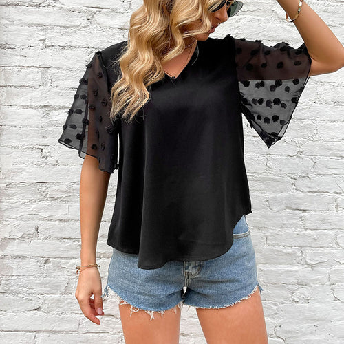 Damen elegantes Blusenshirt mit transparenten Rüschendetails und V-Ausschnitt EB