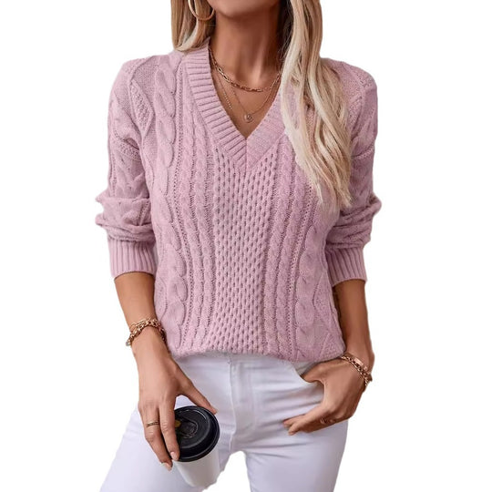 Damen modischer Strickpullover mit tiefem V-Ausschnitt und Zopfmuster EB