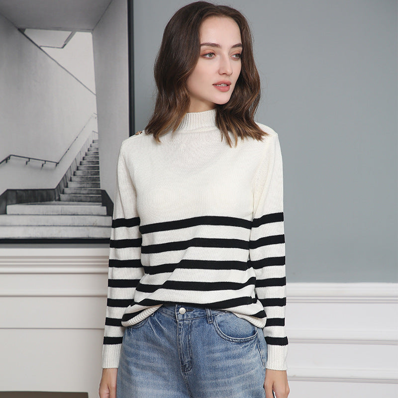Damen modischer Strickpullover mit Streifenmuster und Knopfdetails EB
