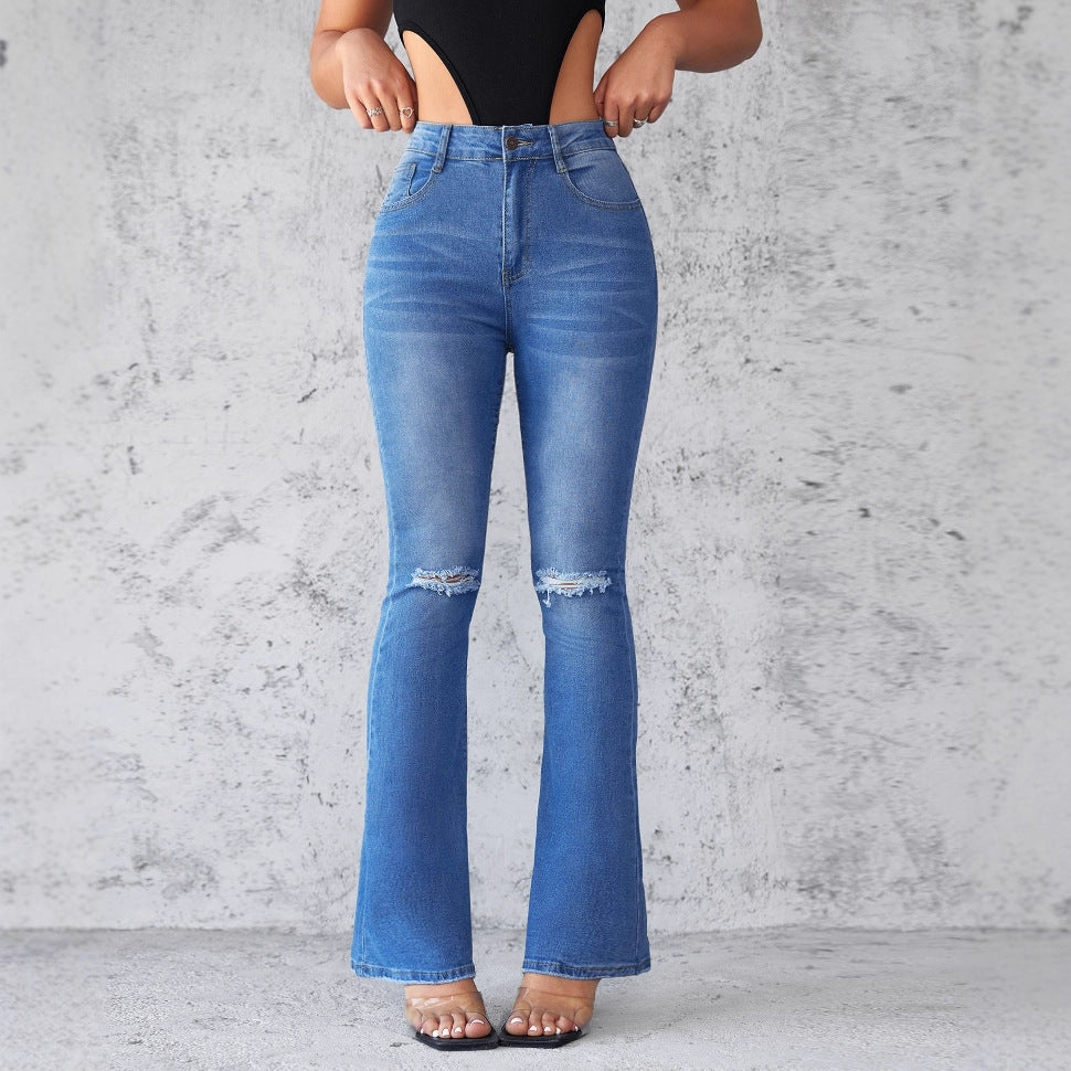 Damen Flared Jeans im modernen Used-Look mit eleganten Rissen und hohem Taillenbund EB