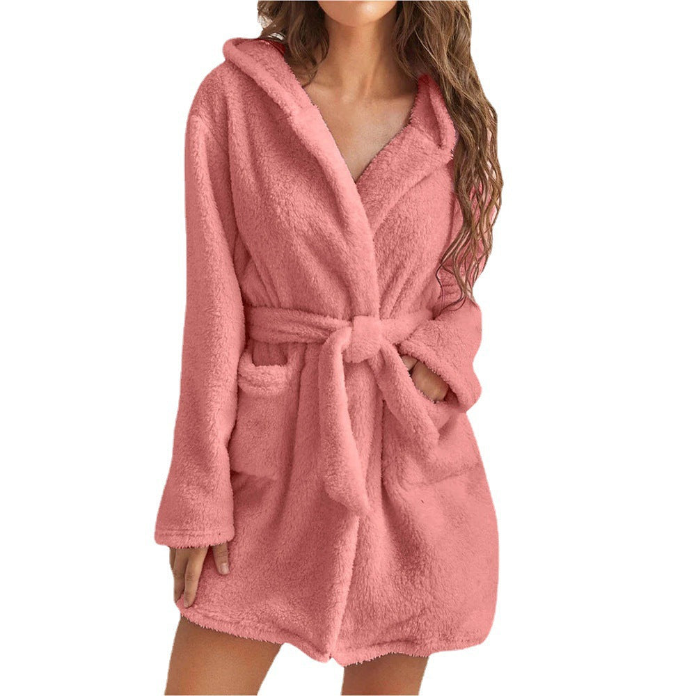 Damen Fleece Bademantel mit Kapuze und Gürtel EB