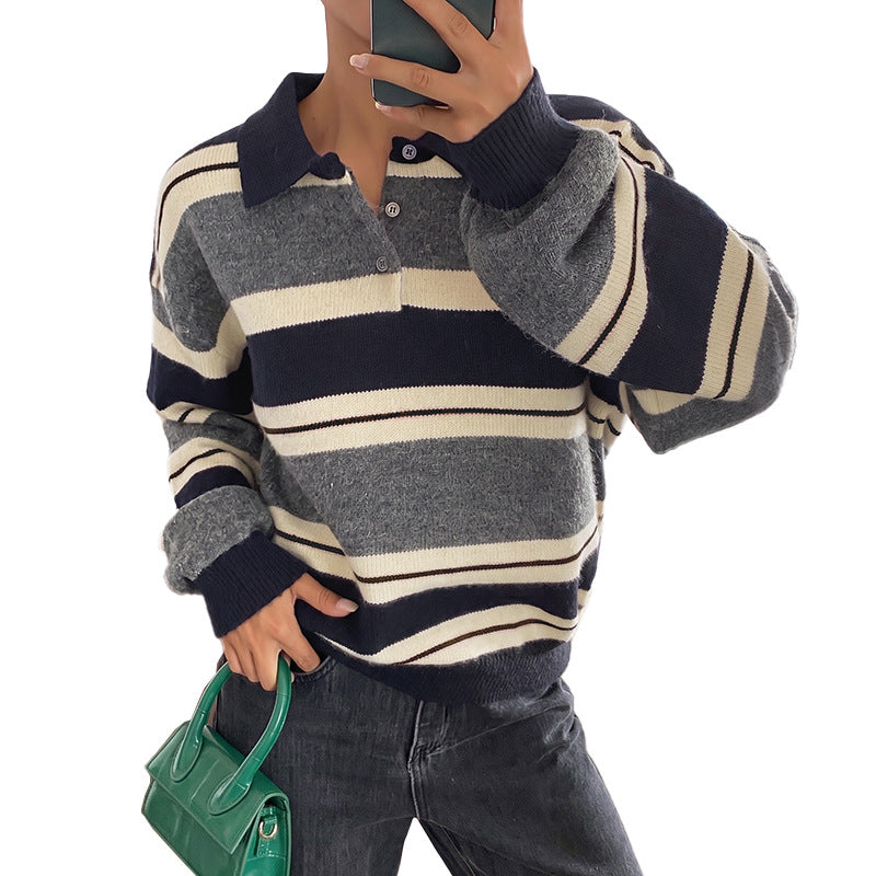 Damen Oversize-Strickpullover mit Polokragen, Streifenmuster und Knopfblende EB