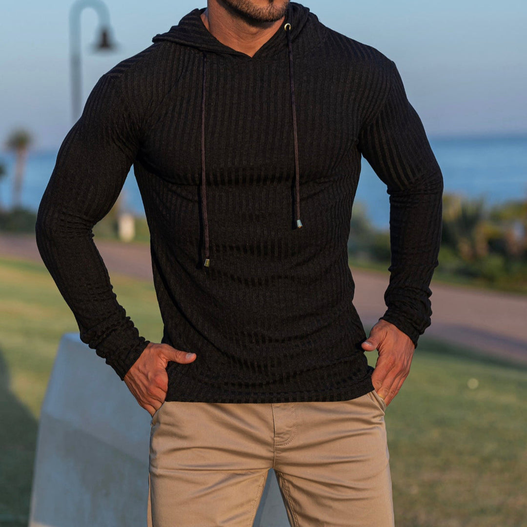 Herren nan eng anliegendes Rippstrick-Kapuzenlongsleeve mit Slim-Fit und Elastikanteil EB