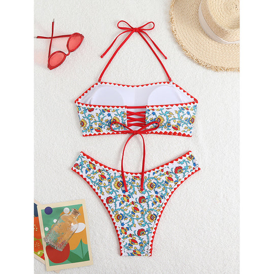 Damen Bandeau-Bikini mit floralen Akzenten und Rüschen EB