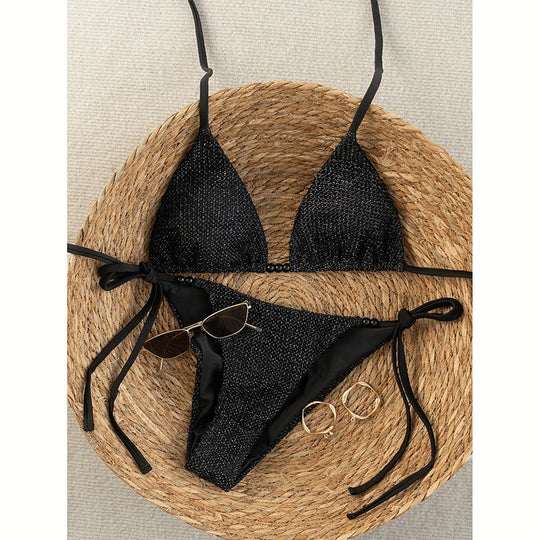 Damen Triangel-Bikini mit strukturierter Netzoptik und raffinierten Bindebändern EB
