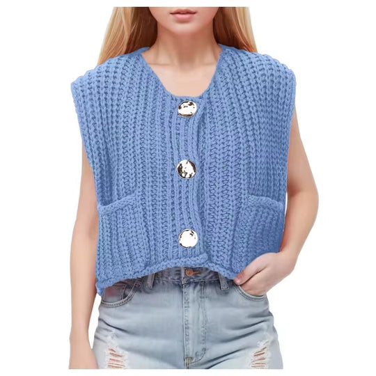 Damen Strickweste mit praktischen Taschen und dekorativen Holzknöpfen EB