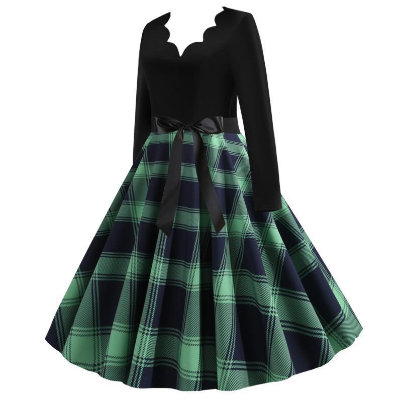 Damen Retro‑Swingkleid mit gezacktem Herzausschnitt, tailliertem Langarmoberteil und karierter Tellerrock EB