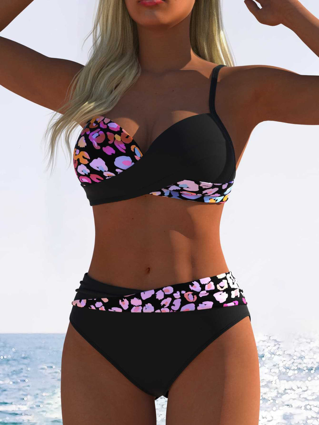 Damen Bikini-Set mit floralem Wickelmuster und bequemen High-Waist-Höschen EB
