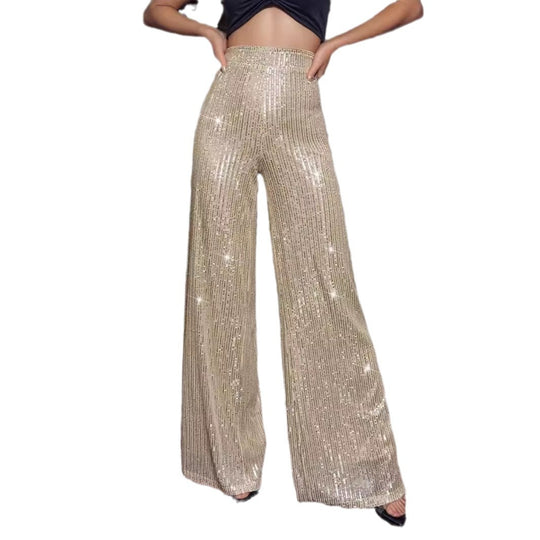 Damen Glamouröse Maxihose mit Glitzerstreifen und weitem Bein EB