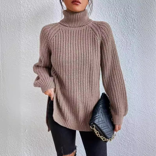 Damen Strickpullover mit hohem Kragen und strukturiertem Wabenmuster EB