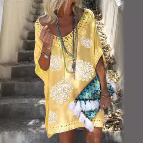 Damen Strandkleid mit Häkelkragen und floralem Druck EB
