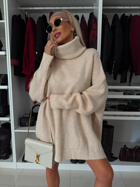 Damen Lässiges Oversized Strick-Minikleid mit hohem Rollkragen und Ballonärmeln EB
