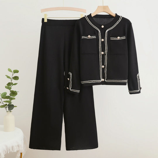 Damen elegantes Zweiteiler-Set mit strukturiertem Blazer und weitem Hosen EB