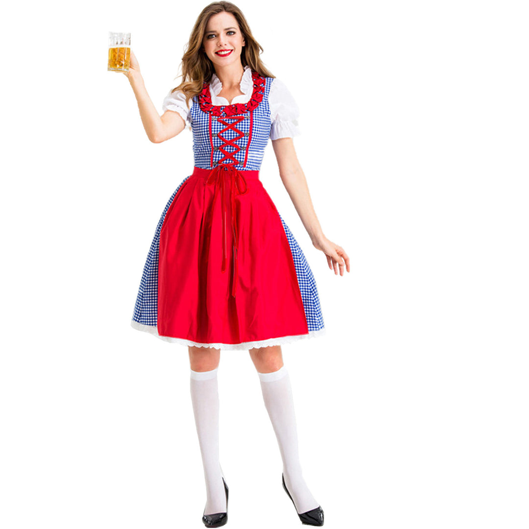 Damen nan Karo-Dirndl mit geschnürter Miederfront, Rüschenkragen und taillierter Schürze EB