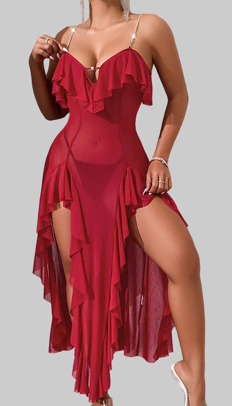 Damen Maxi-Kleid mit voluminösen Rüschendetails und seitlichem Schlitz EB