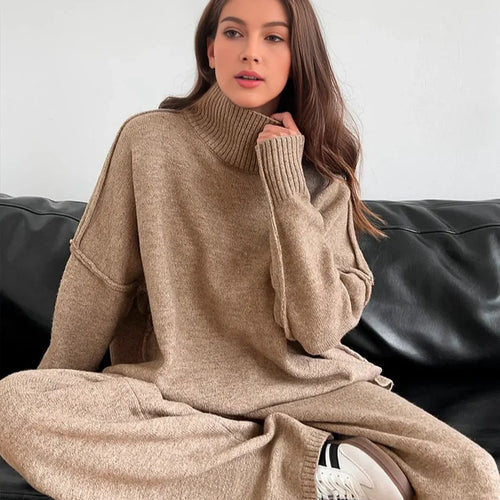 Damen Gemütliches Strickensemble mit hohem Kragen und weit geschnittenen Hosen EB