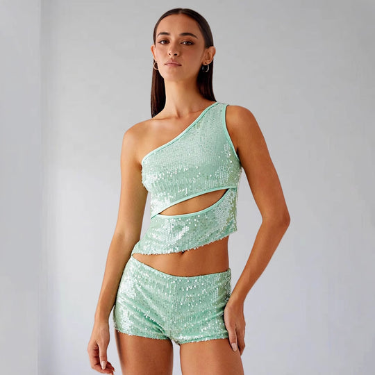 Damen Glamouröses Pailletten-Top mit Cut-Out-Design und Shorts EB