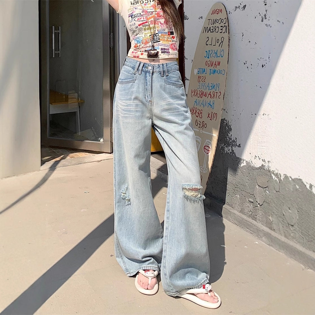 Damen Weite Denim-Jeans im lässigen Vintage-Stil mit modischen Rissen EB