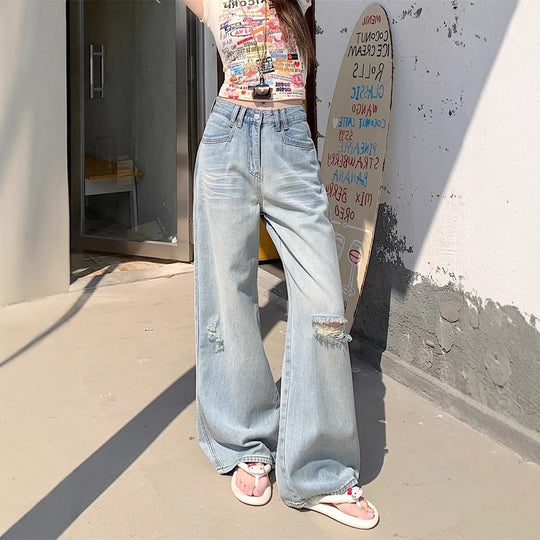 Damen Weite Denim-Jeans im lässigen Vintage-Stil mit modischen Rissen EB