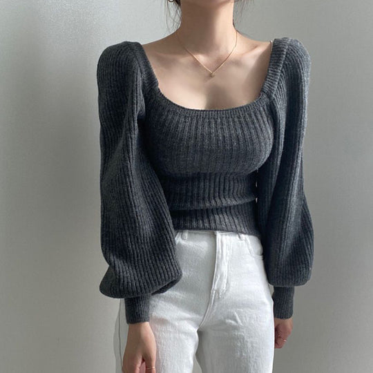 Damen Cropped Pullover mit voluminösen Ärmeln und Rippstruktur EB