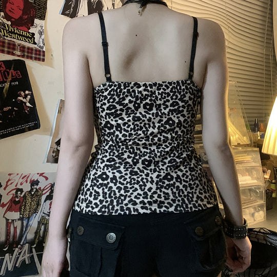 Damen Spaghetti-Trägertop mit elegantem Spitzenbesatz und modernem Leopardenmuster EB