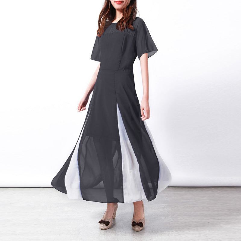 Damen Maxi-Langarmkleid mit transparenten Ärmeln und seitlichem Schlitz EB