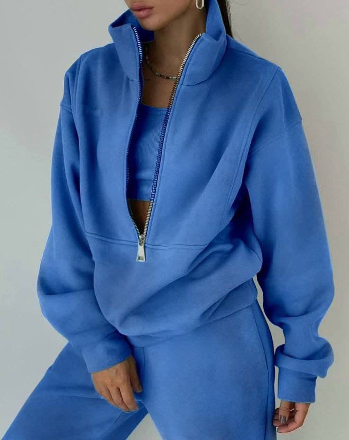 Damen Lässiger Oversized-Hoodie und Jogginghose Set mit Praktischem Reißverschluss EB