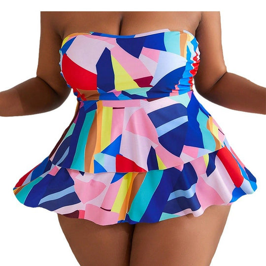 Damen Bandeau-Badeanzug mit fließendem Rock und lebhaftem Muster EB