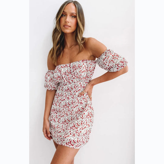 Damen Off-Shoulder Minikleid mit voluminösen Ärmeln und floralem Design EB