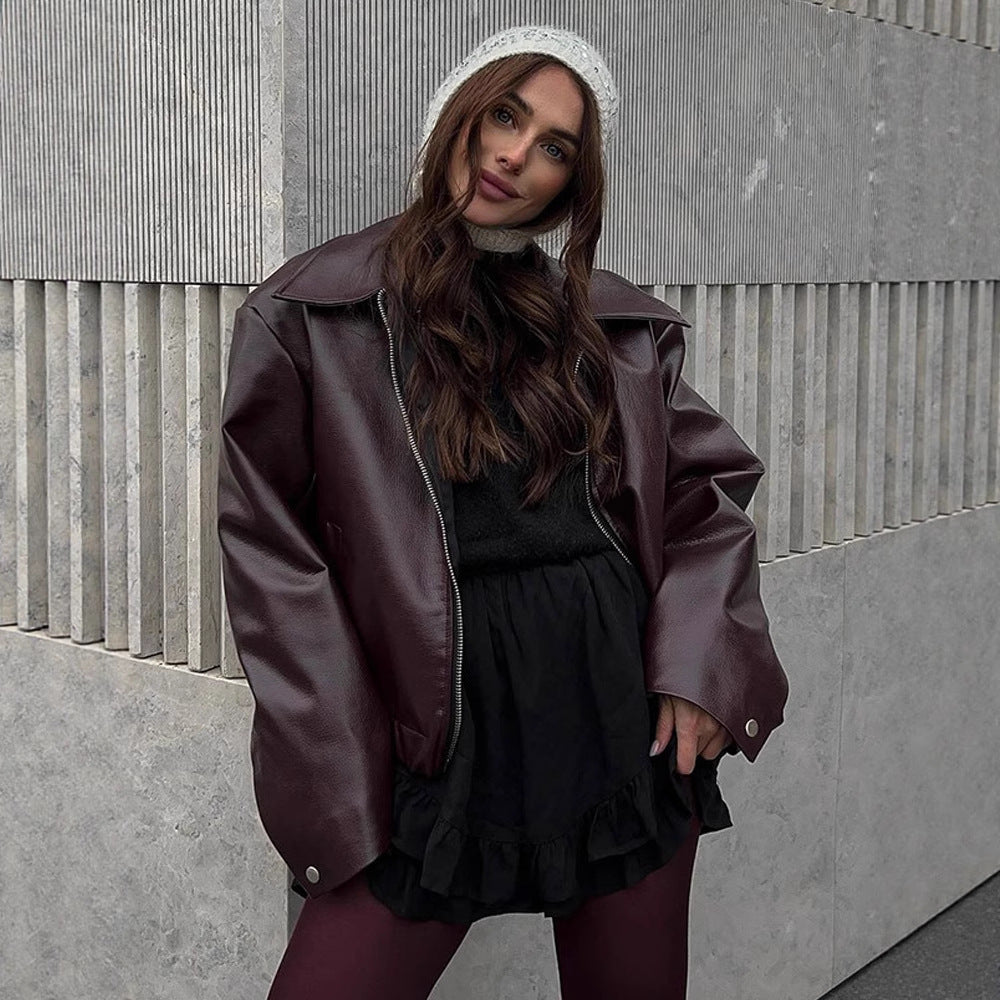 Damen Lässige Kunstlederjacke mit oversized Schnitt und praktischen Taschen EB