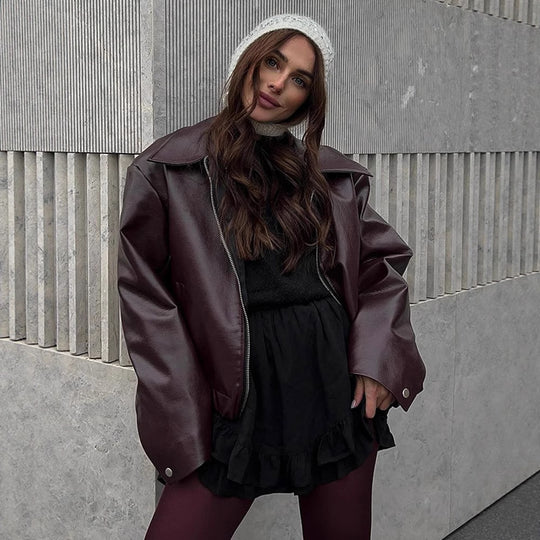 Damen Lässige Kunstlederjacke mit oversized Schnitt und praktischen Taschen EB