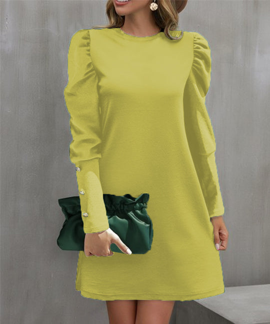 Damen Elegantes A-Linien-Minikleid mit betonten Puffärmeln und Perlenknopf-Ärmelmanschetten EB