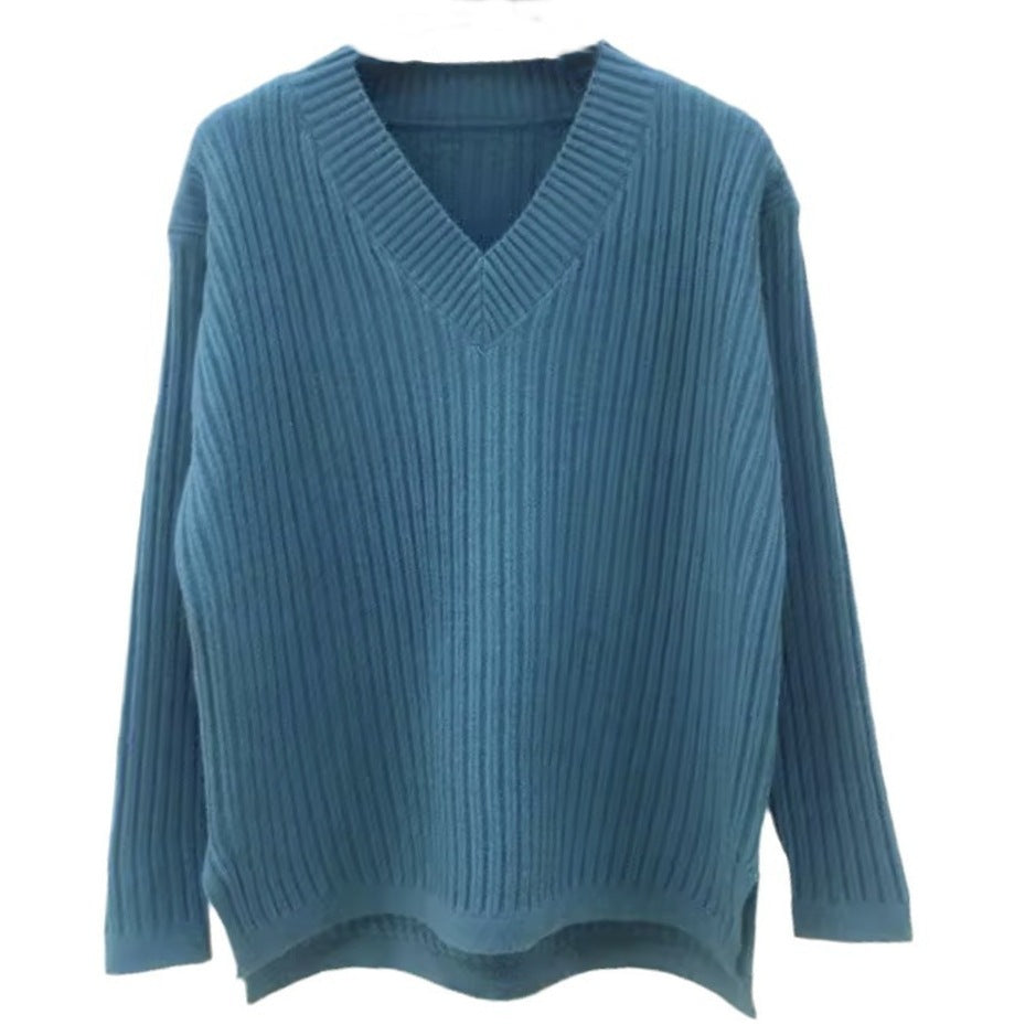 Damen V-Ausschnitt Strickpullover mit feiner Rippstruktur und lässigem Schnitt EB